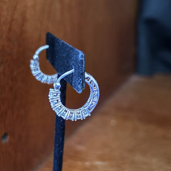 Sterling Silver CZ Hoop Earrings 925 DQ Sparkle Hinged - Picture 3 of 5